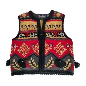 Vintage Belle‎ Pointe SMALL Womens Knit Zip Up Sweater Vest Tassels Embroidered